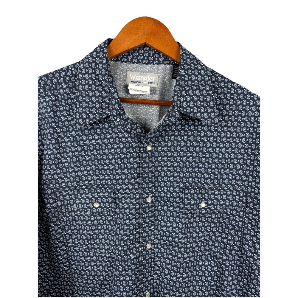 Wrangler Wrancher Pearl Snap Shirt Long Sleeve Blue Paisley Men’s Size XL